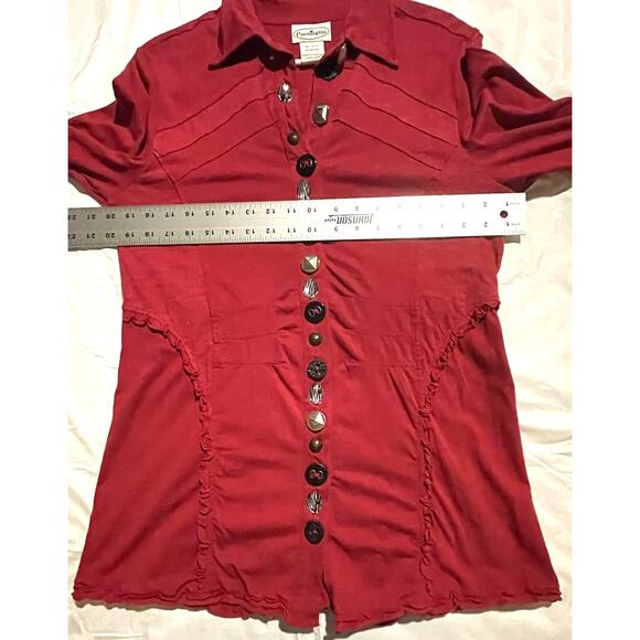 Patchington Women S Blouse Jacket Red Cotton Stretch Intricate Arsty Button EUC - Picture 7 of 7
